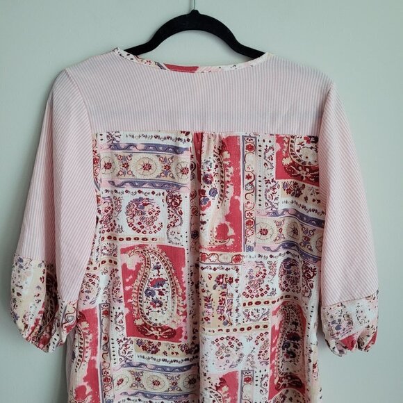 Flamingo Pink Striped Paisley Floral Print Puff Short Sleeve V-Neck Top - Picture 9 of 10